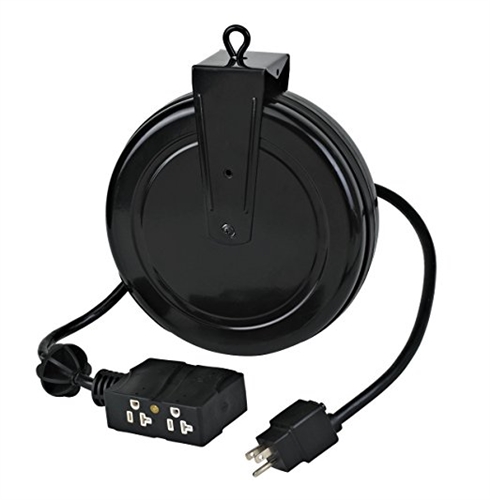 4 outlet retractable power electrical reel with indoor style receptacles,  length: 20 ft, wire type: SJTW, gauge: 12/3, plug: 5-15P, 3 receptacle:  5-15R, 1875 watts, UL listed 40-ft. 12/3 SJT, 15 Amp 12 awg gauge