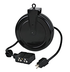 4 outlet retractable power electrical reel with indoor style receptacles, length: 20' ft, wire type: SJTW, gauge: 12/3, plug: 5-15P, 4 receptacle: 5-15R,  1875 watts, UL listed 50-ft. 12/3 SJT, 15 Amp  12 awg guage
