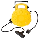 4-outlet retractable power electrical reel with indoor style receptacles, length: 40' ft, wire type: SJTW, gauge: 12/3, plug: 5-15P, 4 receptacle: 5-15R,  1875 watts, UL listed 50-ft. 12/3 SJT, 15 Amp  12 awg guage