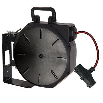 3-outlet retractable power electrical reel with indoor style receptacles,  length: 50 ft, wire type: SJTW, gauge: 12/3, plug: 5-15P, 3 receptacle:  5-15R, 1875 watts, UL listed 50-ft. 12/3 SJT, 15 Amp 12 awg gauge